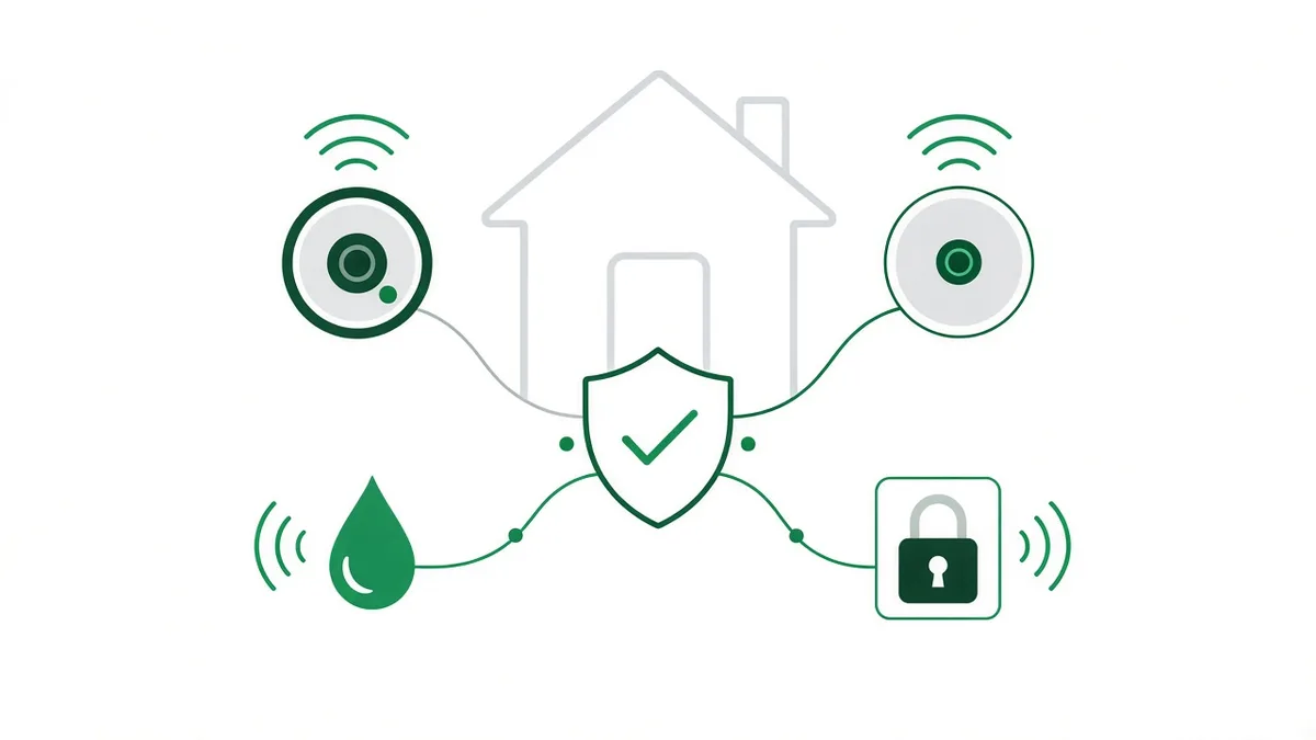 Illustration of a connected home with sensors linked to a central protection shield